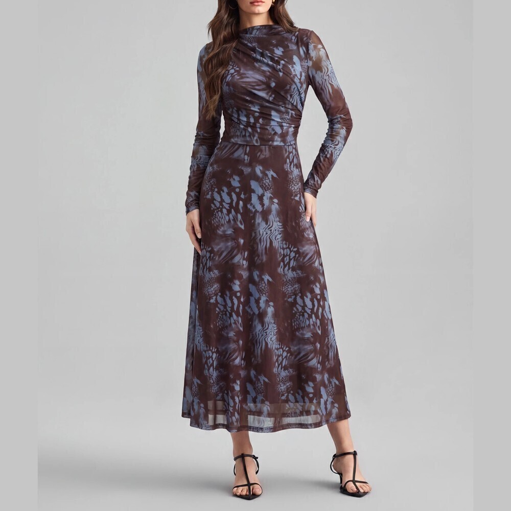 Brown Blue Abstract Print Draped Collar Long Sleeve Maxi Dress